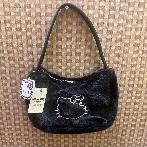 Hello Kitty Sanrio x Forever 21 Black fluffy Bag W/Rhinestones - Picture 3 of 7